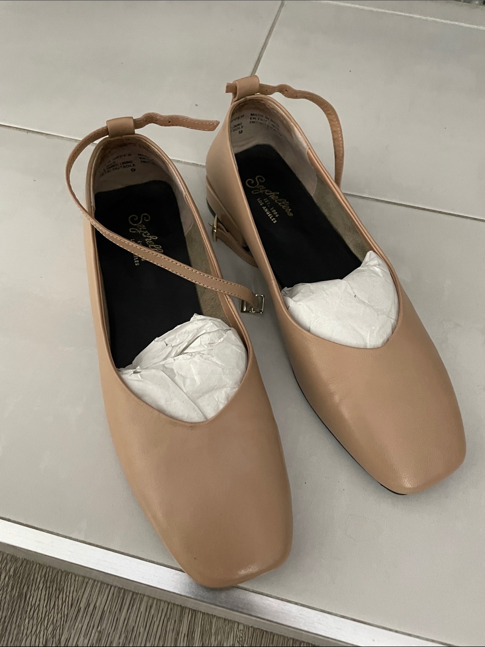 Seychelles Nude Tan Ankle-Strap Square-Toe Flats